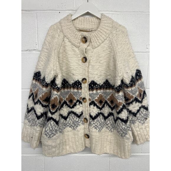 Vanessa Bruno Sz L Cream Vivi Fair Isle Nordic Oversized Wool Cardigan Sweater - Picture 3 of 6